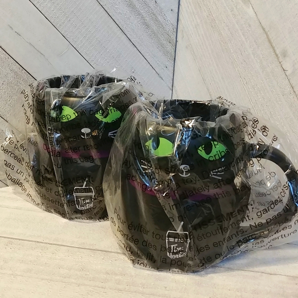 NWT x2 Tim Hortons Colour Changing Black Cat Halloween Mug 20oz